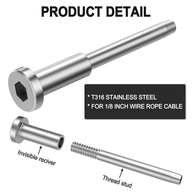 BLIKA 20 Pack 1/8" Stainless Steel Invisible Receiver and Swage Stud End for 1/8 Inch Cable Railing, Deck Stair Threaded End Fitting for Wood & Metal Post, Swage Tensioner Cable Railing Hardware - Image 4
